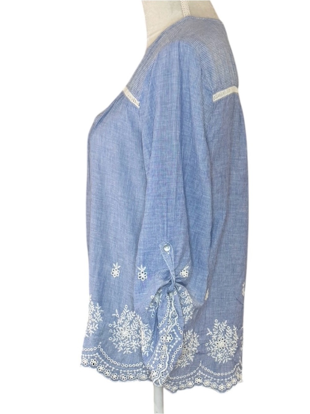 LoveStitch Large Blue White Embroidered Eyelet Boho Peasant Tunic Blouse - Picture 2 of 8